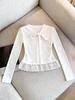 Women's White Lace Trim Bow Long Sleeve Slim Fit 2-in-1 Top for Autumn/Winter
