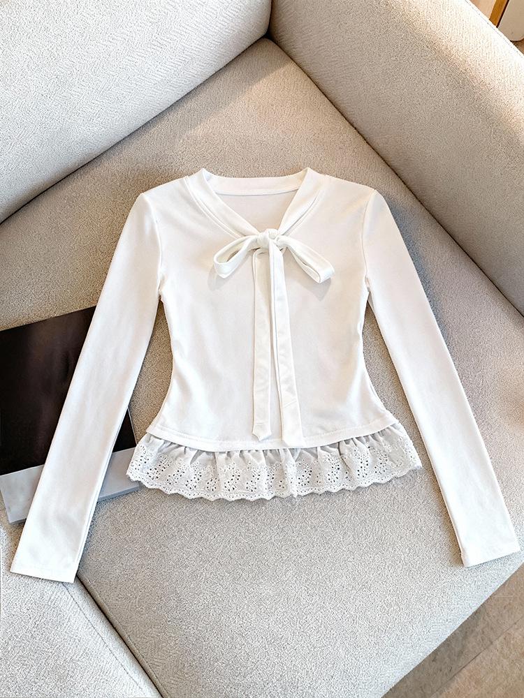 Women's White Lace Trim Bow Long Sleeve Slim Fit 2-in-1 Top for Autumn/Winter