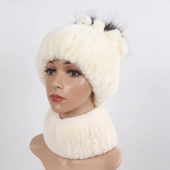 Knitted Women Warm Rex Rabbit Fur Hat Scarf Sets Winter Natural Rex Rabbit Fur Cap Scarves Russia Lady Fur Hats Muffler 2 Pieces