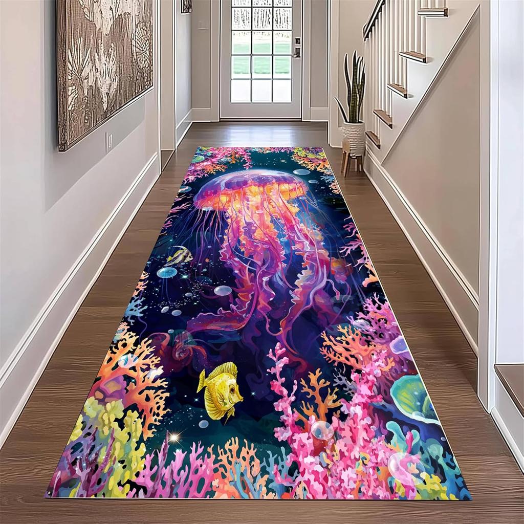 Ocean Theme Runner Rug 3D Vision Coral Reef Fish Starfish Jellyfish Printed Non-Slip Carpet  for Hallway Living Room Floor Decor