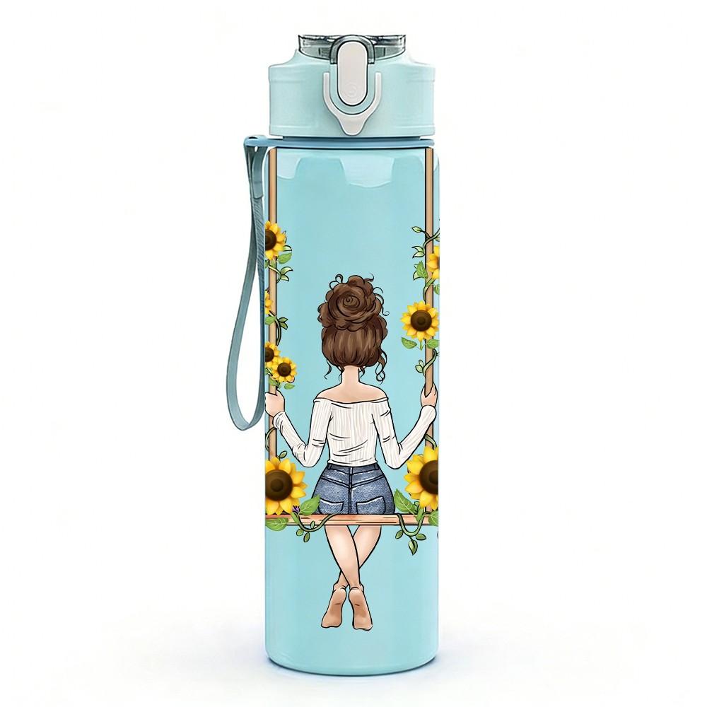 1PC Little Girl Swing Daisy Flower Field Art 750ml Color Plastic Sports Water Bottle Leakproof Flip Straw Lid Suitable for Sports Office Home Use