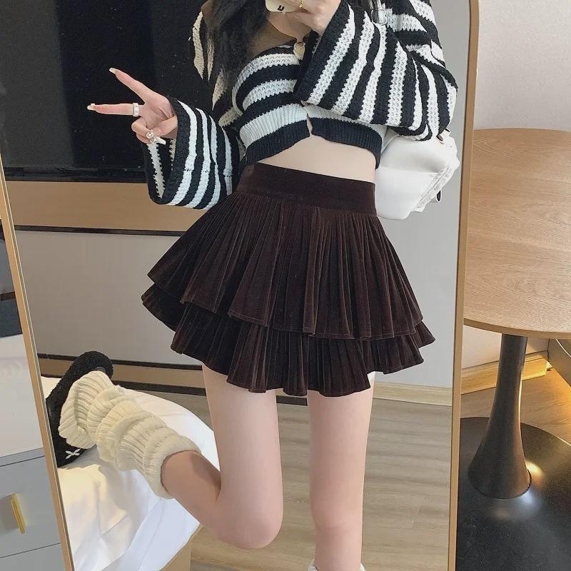 Plissierter Samtrock - Damen High Waist Cake Design für Frühling, Herbst und Winter 2023