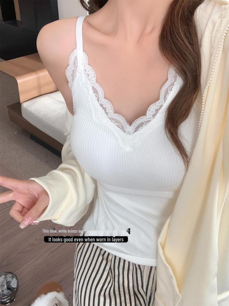 Damen Kaschmir Spitzen Trägertop mit festen Brustpolstern: Verdickte warme Unterwäsche, Slim Fit für Herbst und Winter.