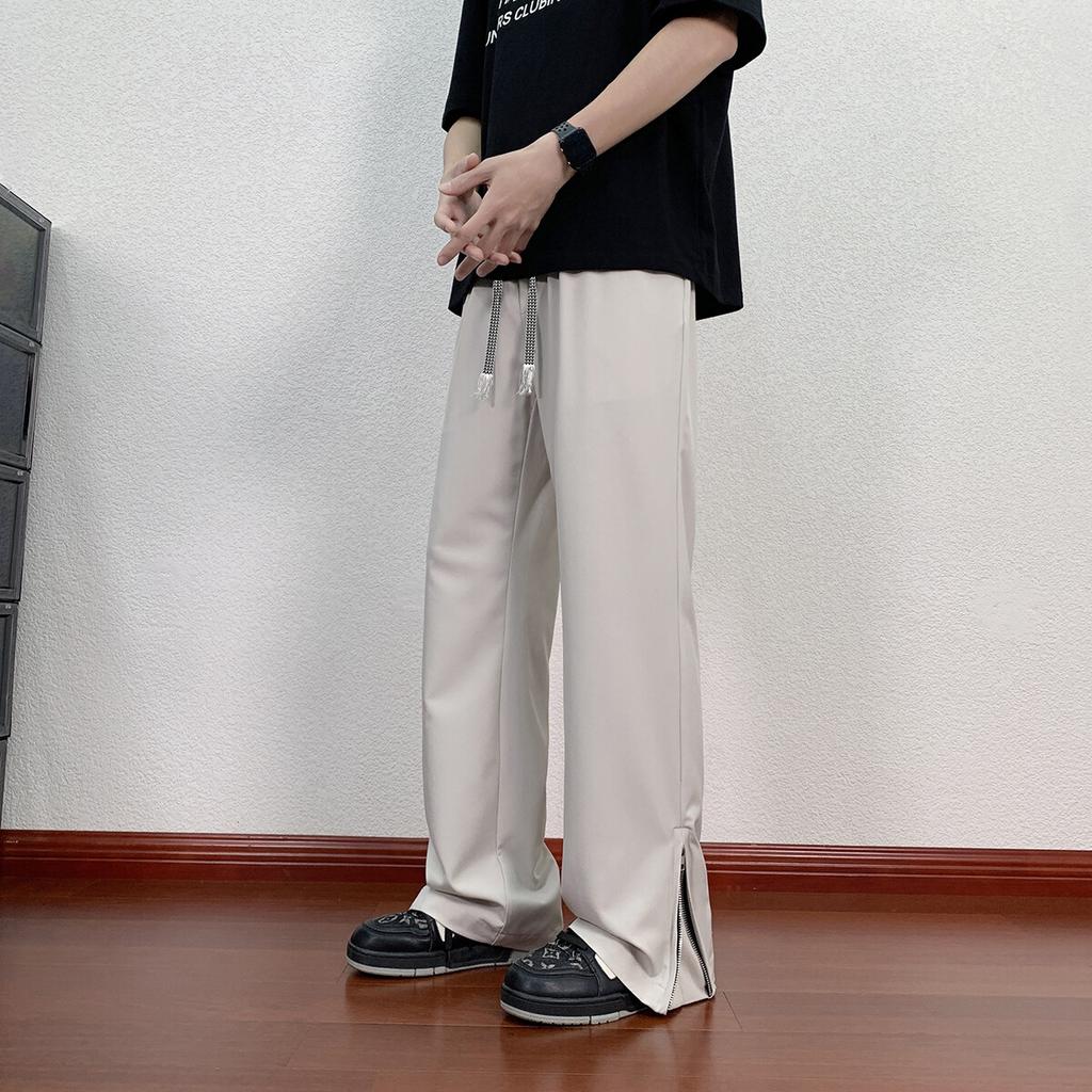 Fashion Zipper Design Trouser Legs Casual Pants Men's Solid Straight Elastic Waist Trousers Simple Boot Cut Daily Pants
