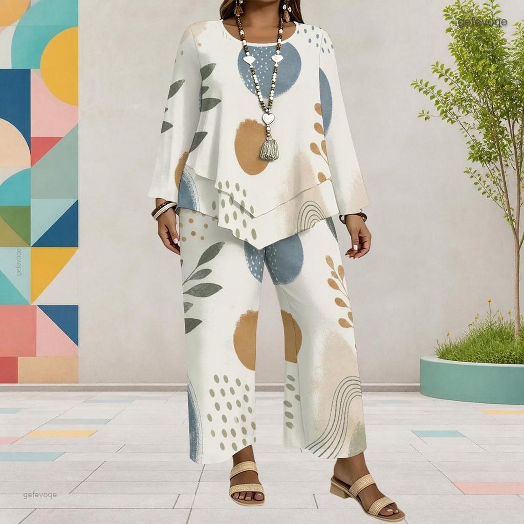 Women Plus Size Round Neck Long Sleeve Printed Layered Top Wide Leg Cropped Pants Two Piece Set