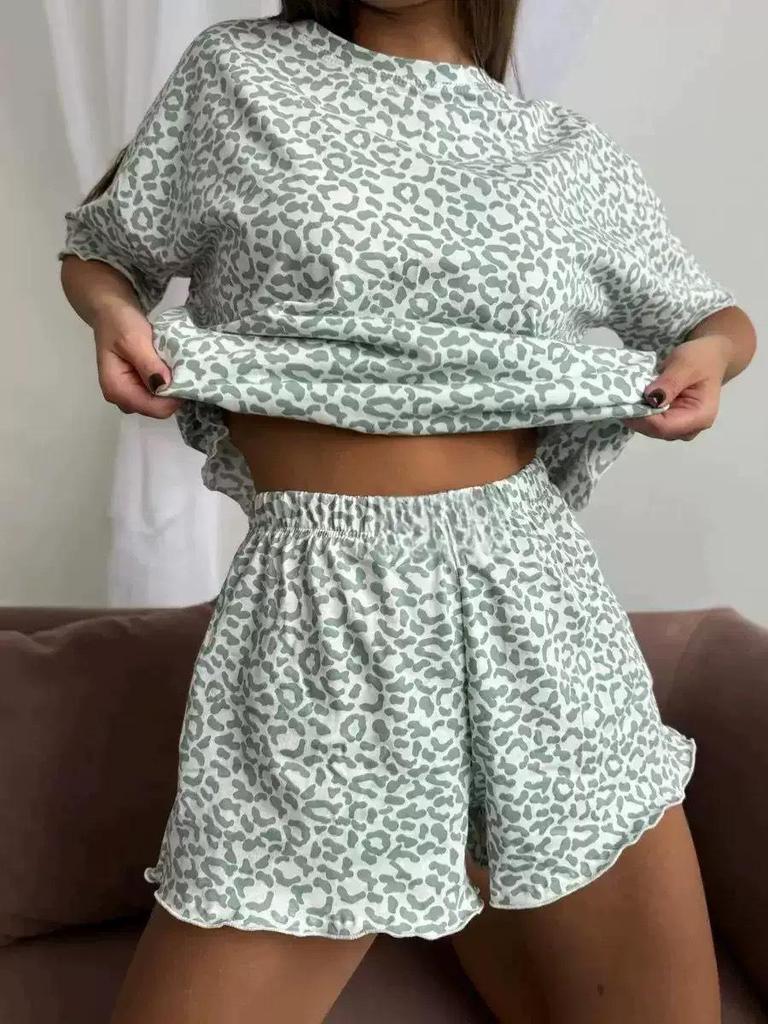 Women's Leopard Print Pajama Set - Short Sleeve and Shorts