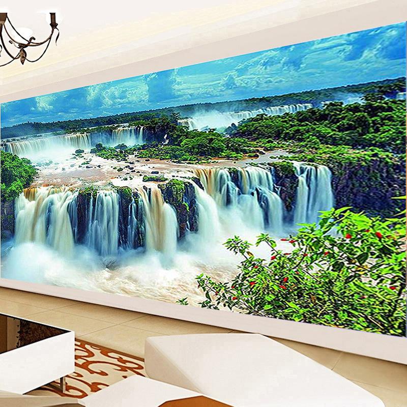 5D Diy Full Diamond Painting Scenery of Mountain Stream and Waterfall Diamond Cross Stitch Living Room Wall Painting Home Decor