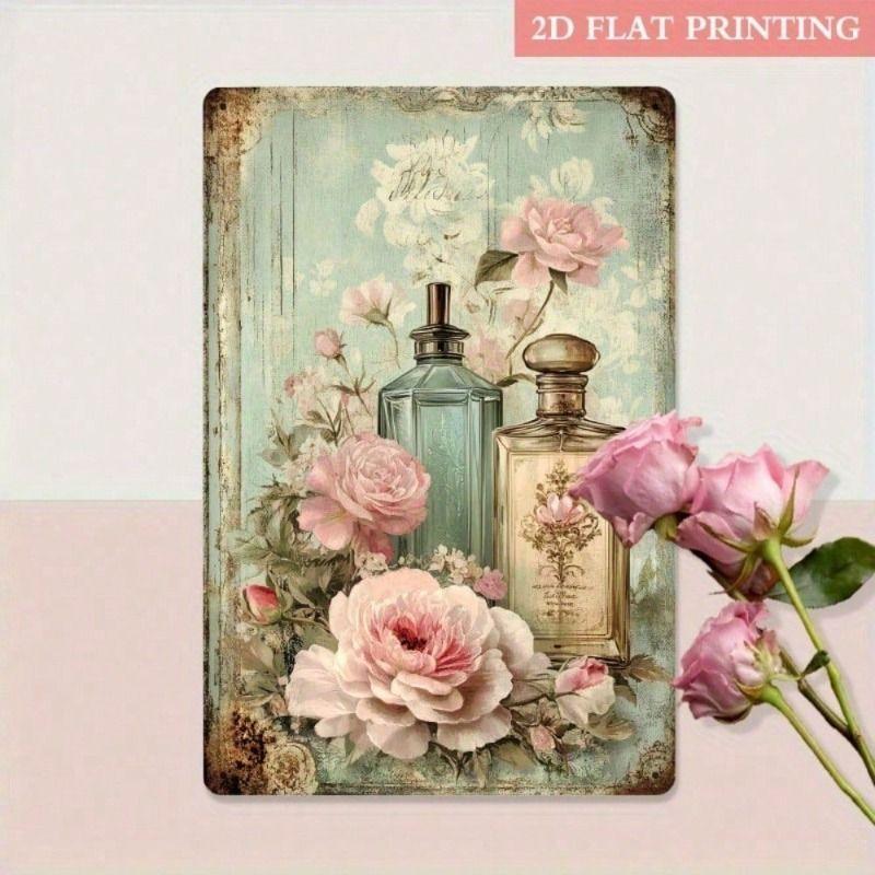 Vintage Metal Wall Sign 20x30cm Rose Perfume Bottle Decor