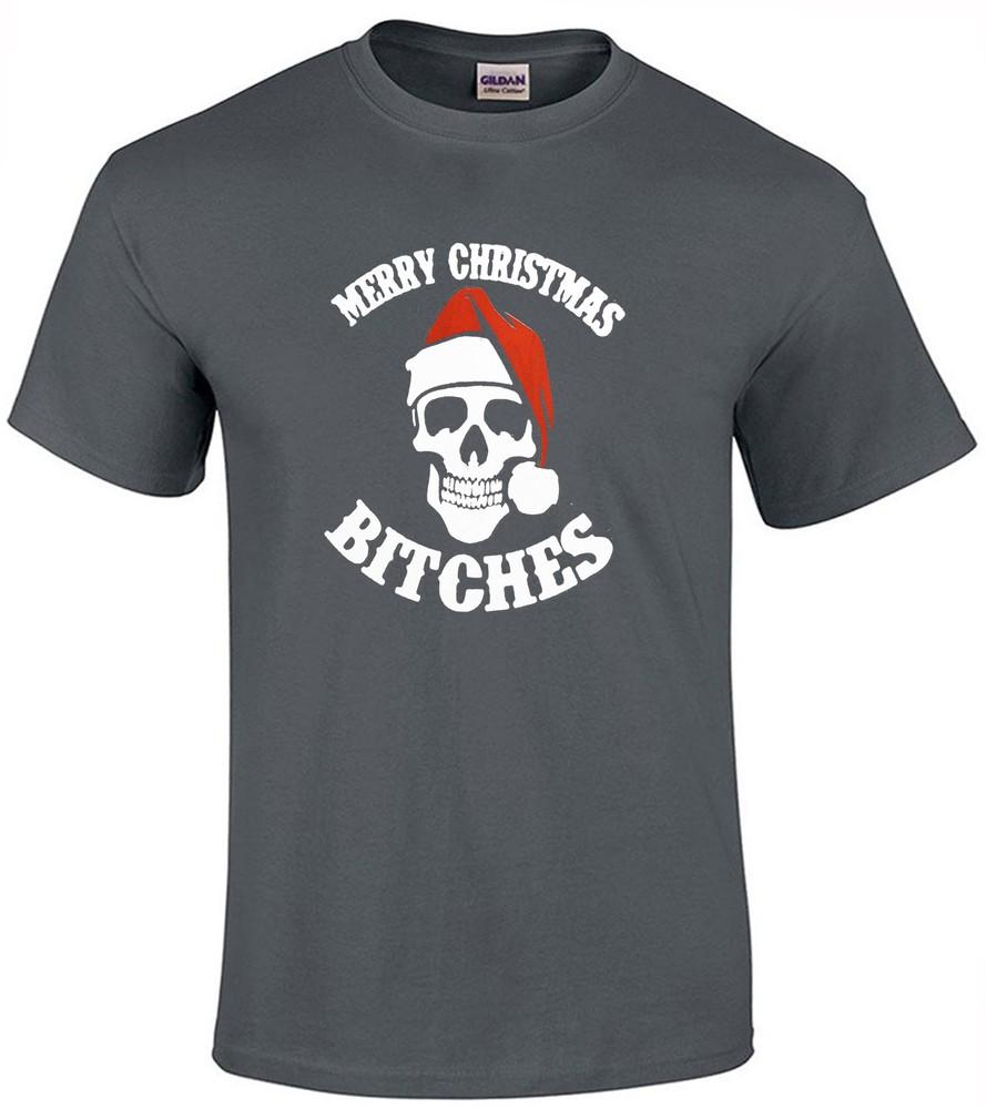Merry Christmas Bitches TShirt Santa Gift Biker Decembeard Fancy Funny Top Tee 2XL