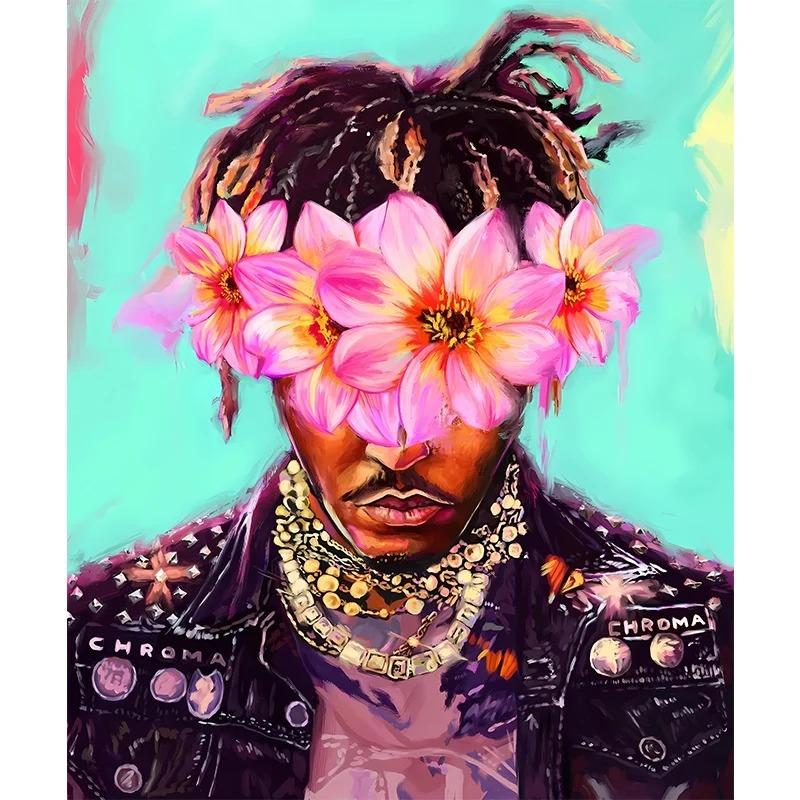 Famous Rapper Star Portrait with Flowers Canvas Painting Hip Hop Singers Abstract Art Posters Prints Wall Art Picture Home Decor