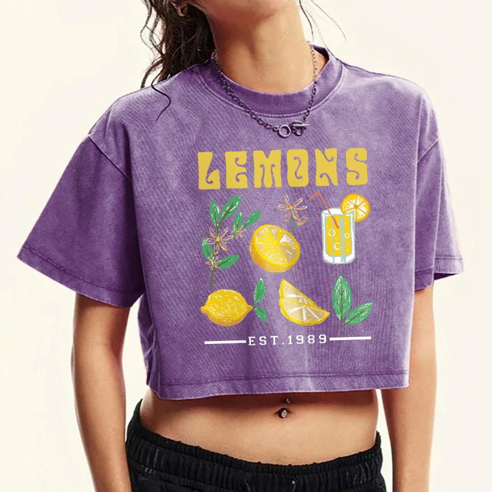 The Production Of Lemon Juice Prints Washed T-Shirt Female Fashion Cotton T Shirts Crewneck Clothes Soft Retro Tops