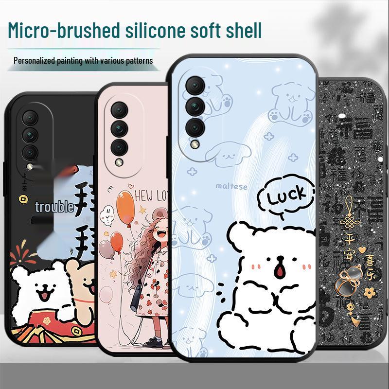 Black Cartoon Chinese Style Silicone Honor X20se Phone Case with Tempered Glass Protector