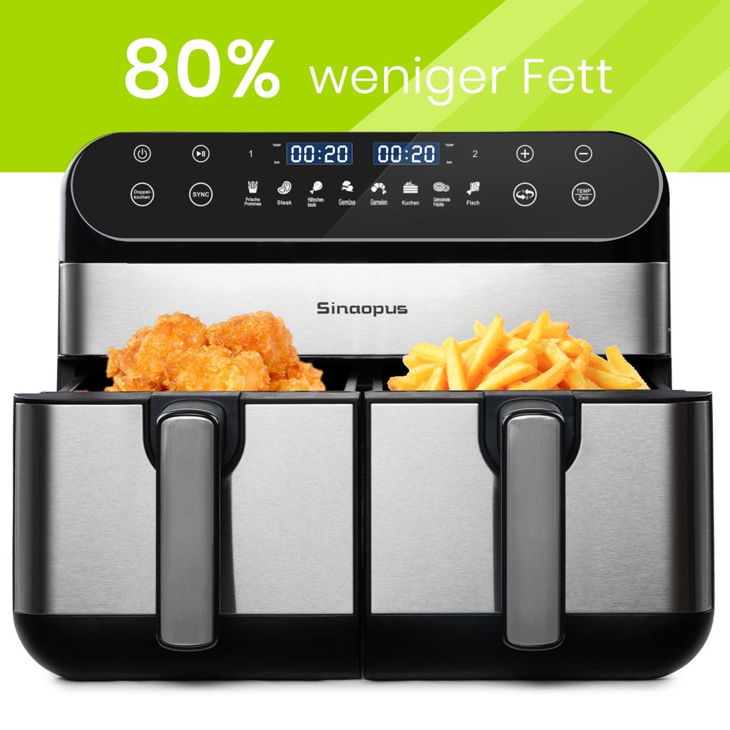 Air Fryer 10L XXL with Dual Chamber Dual Zone for Families, Fryer with LED Touchscreen, Adjustable Time and Temperature, 8 Cooking Functions