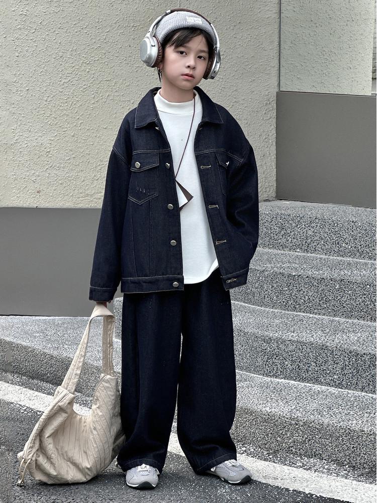 Boys' Preppy Style Denim Two-Piece: Warm Fleece-Lined Coat & Pants - 2025 Autumn/Winter Collection