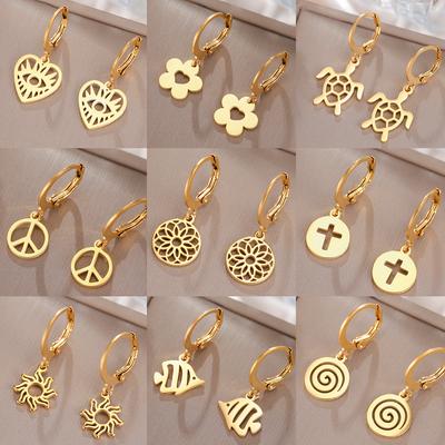 Fashion Women Stainless Steel Earrings Heart Cross Flower Turtle Sun Pendant Hoop Earrings Jewelry Gift