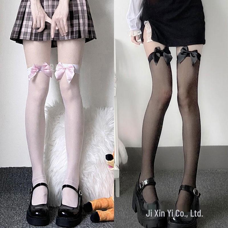 Japanese Lolita Over-the-Knee Bow Socks, White or Black Silk