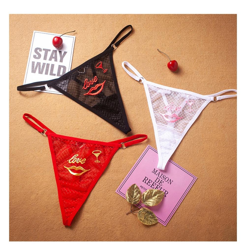 Sexy Plaid Perspective Thong Women's Hot Hollowed-out Embroidered Love Diamond Jewelry Beautiful Buttocks Low Waist Thin Belt Seduction Panties