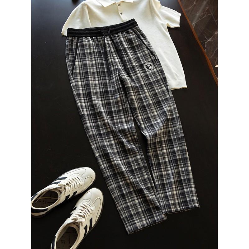 Mens Plaid Tweed Pants Slim Straight Fit Winter Warm Stretch Casual Trousers Young Adults