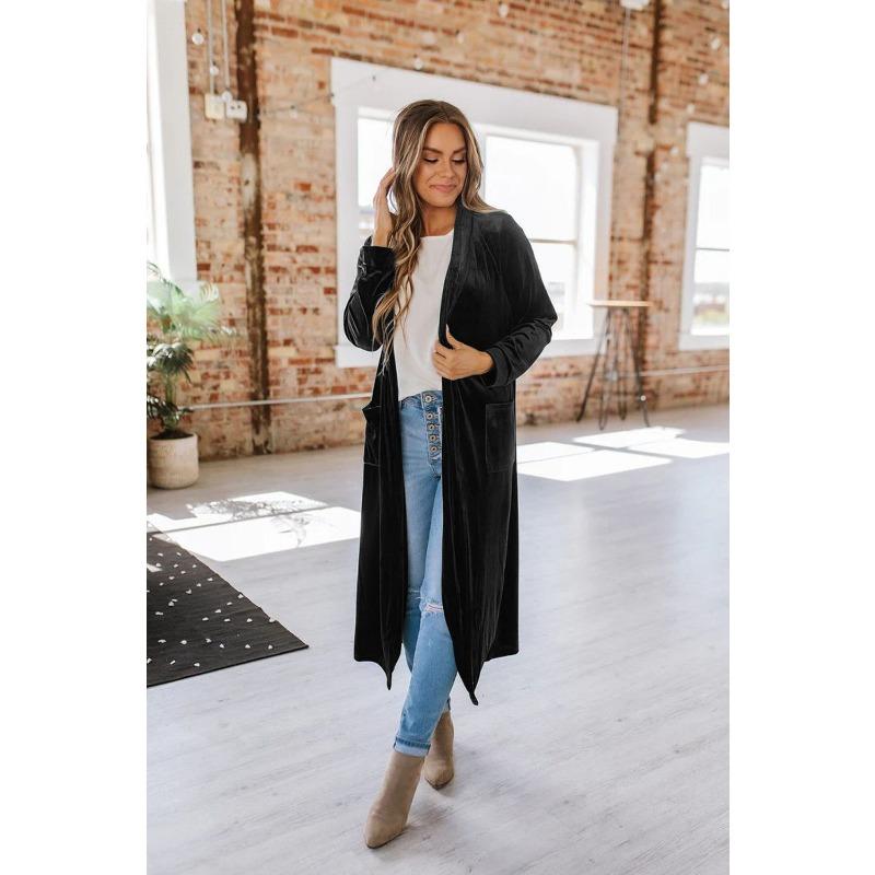 Long Velvet Cardigan Buttonless Coats Solid Loose Long Sleeved Shawl Jacket for Women