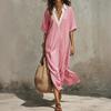 Women's Casual Bohemian Style V Neck Long Dress Loose Fit Vacation Beachwear Lightweight Summer Maxi Dress with Short Sleeves