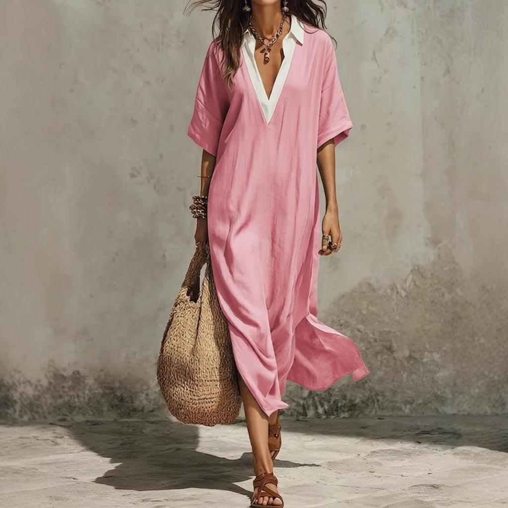 Women's Casual Bohemian Style V Neck Long Dress Loose Fit Vacation Beachwear Lightweight Summer Maxi Dress with Short Sleeves