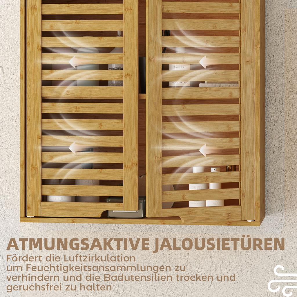 Bathroom Cabinet Wall Cabinet Made of Bamboo with Breathable Louvered Doors, Adjustable Shelf 60 X 20 X 60 Cm Natural Wood