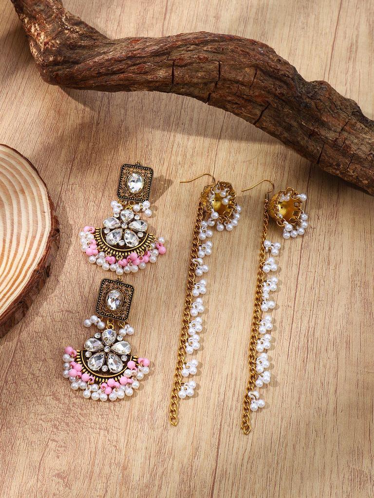 Strassblumen-Quasten-Ketten-Set für Haare & Ohrringe – Ethnischer Stil