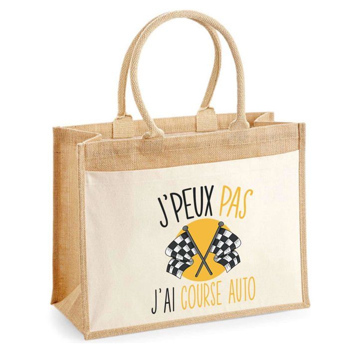 Sac de plage - PLANETEE - Jute avec poche Course Automobile Voiture J'peux pas - Coton - Multicolore - 43x33 cm