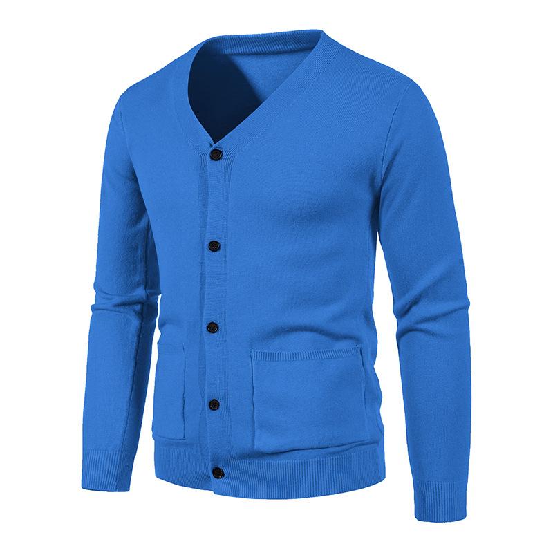 New Autumn Winter Men's Slim Fit Solid Color Knit Cardigan Minimalist Fashion Casual Versatile V Neck Pocket Sweater Outerwear