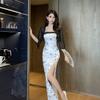 Vintage Floral Print Knit Dress With Side Slit For Summer Casual Wear