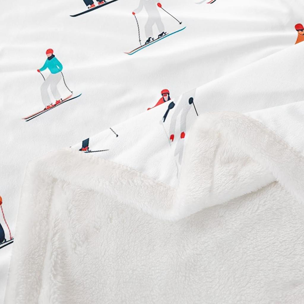 Skiing people pattern blanket winter sports design soft throw cozy home decor mountain adventure print bedroom wall hanging
