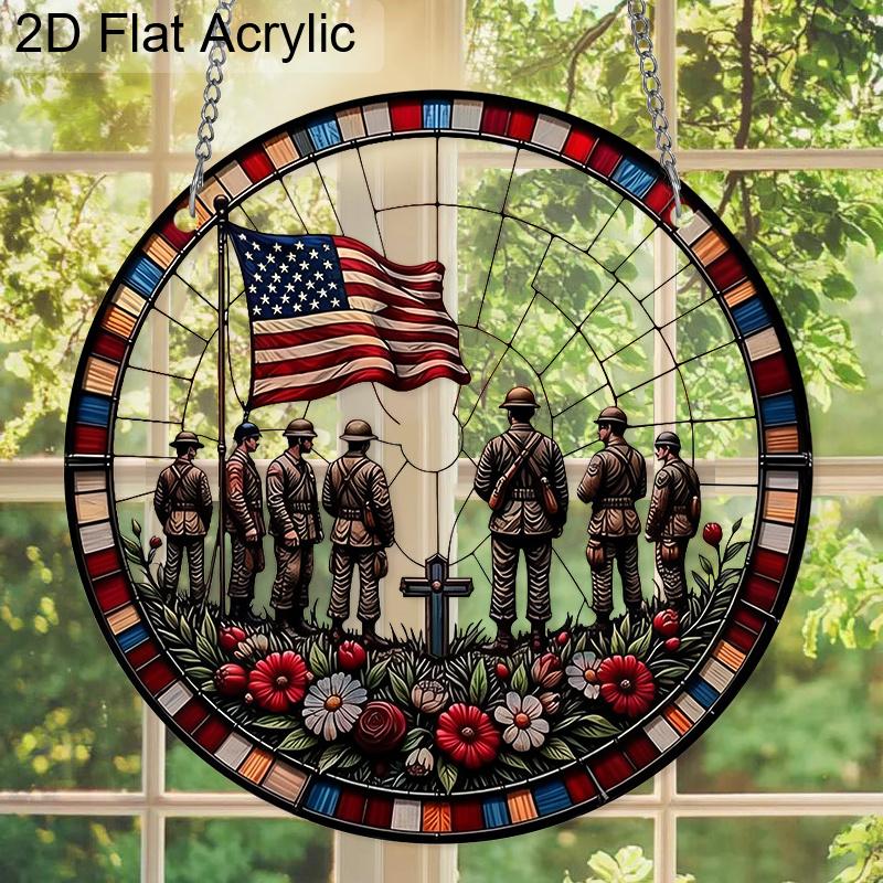 2D Flat Acrylic Memorial Day Suncatcher, 7.87in Round Window Hanging Decor, Soldier Silhouette American Flag Patriotic Ornament