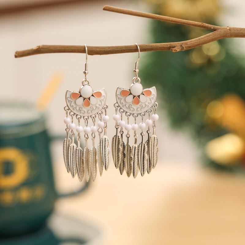 Fashion Bohemian Enameled Flower Geometric Earrings For Women Vintage Boho Ethnic Metal Leaf Tassel Drop Dangle Earrings Jewelry