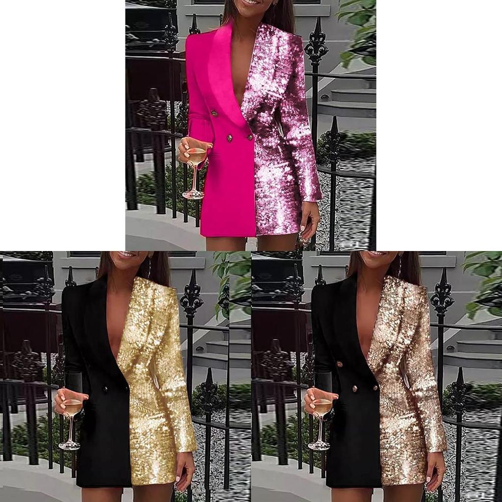 Abito da lavoro in poliestere con paillettes, manica lunga e scollo a V per donna