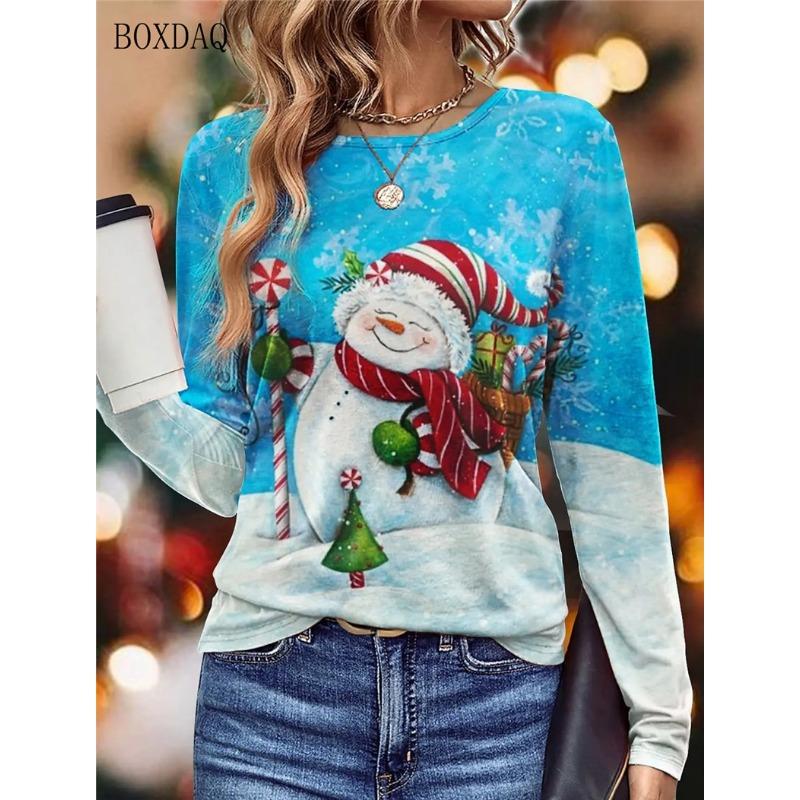 Long Sleeve Christmas Snowman Pattern Women T-Shirts Autumn Winter 3d Print