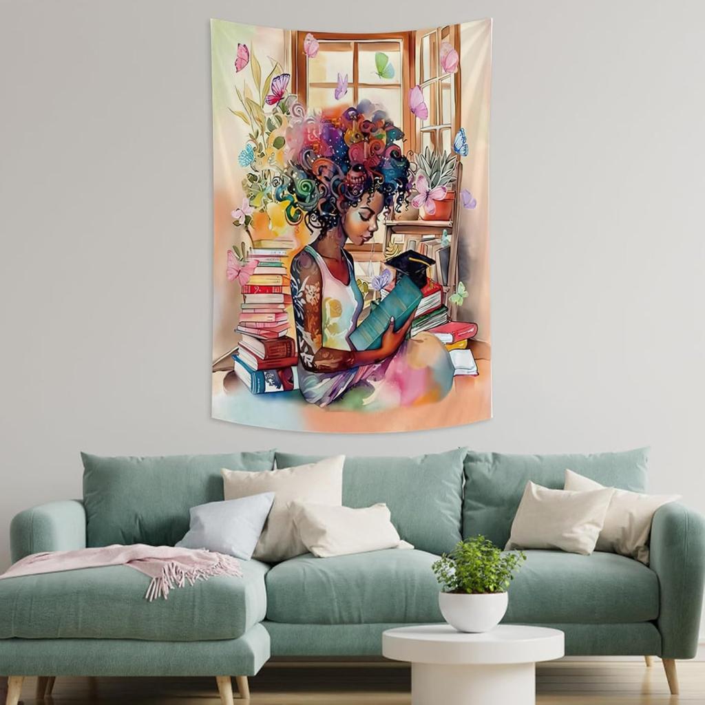 Afroamerikanische Mädchen Wandkunst Leinwand Bücher lesen Ästhetische Dekoration Inspirierende Mädchen Wandteppiche Wandbehang für Schlafzimmer Wohnzimmer