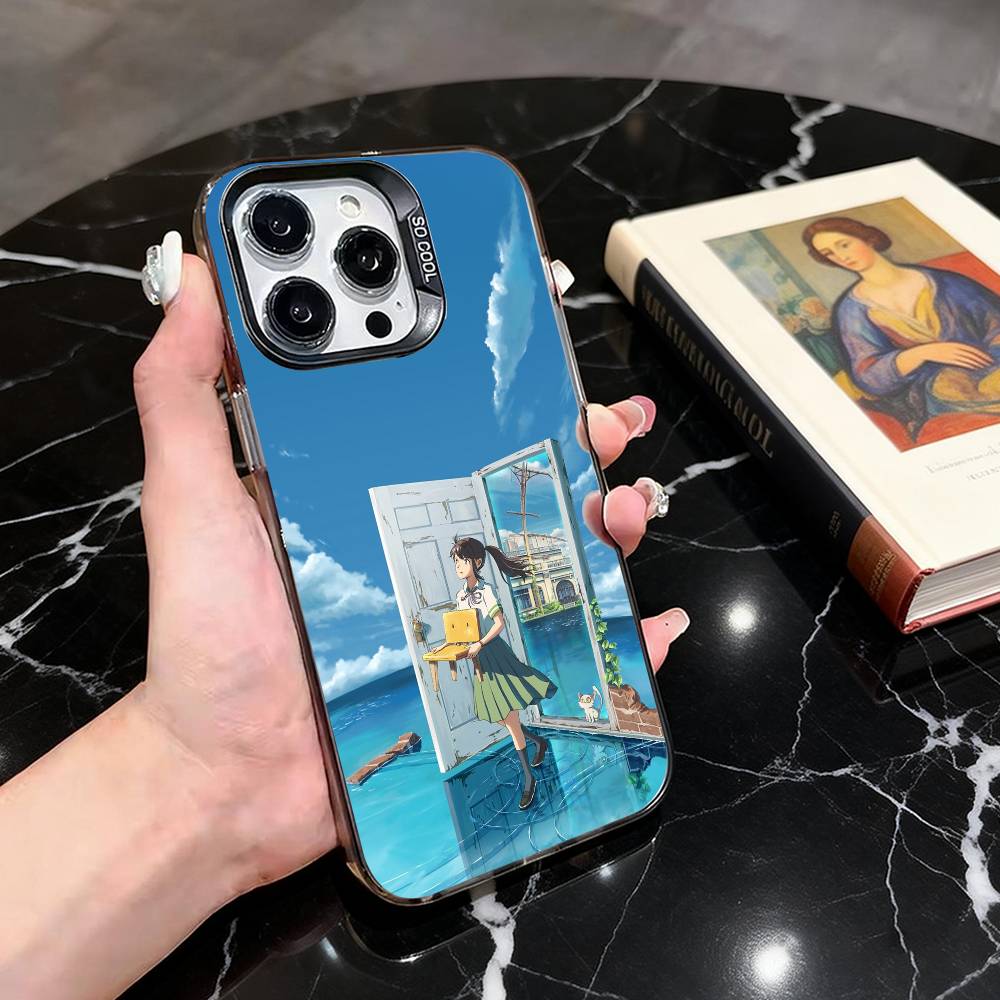 Cute S-Suzume Anime Phone Case For iPhone 17,16,15,14,13,12,11 Plus,Pro Max,XS,Colored Silver Plated Inside Cover
