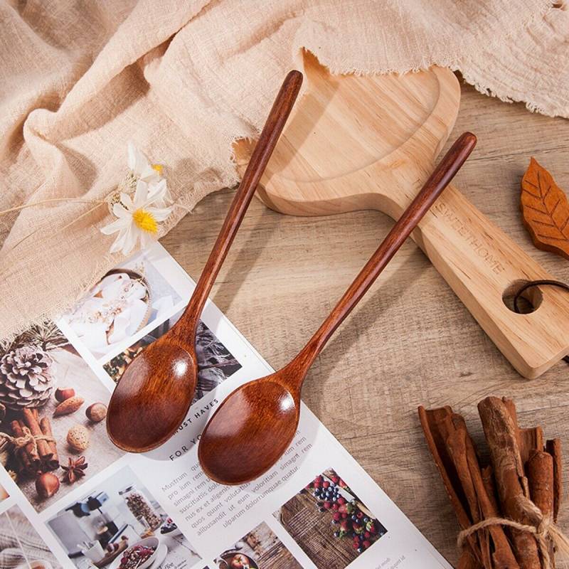 2pcs 23cm Wooden Spoon With Long Handle Serving Utensil Japanese Style Oval Soup Spoon for Eating Mixing Stirring Cooking Baking