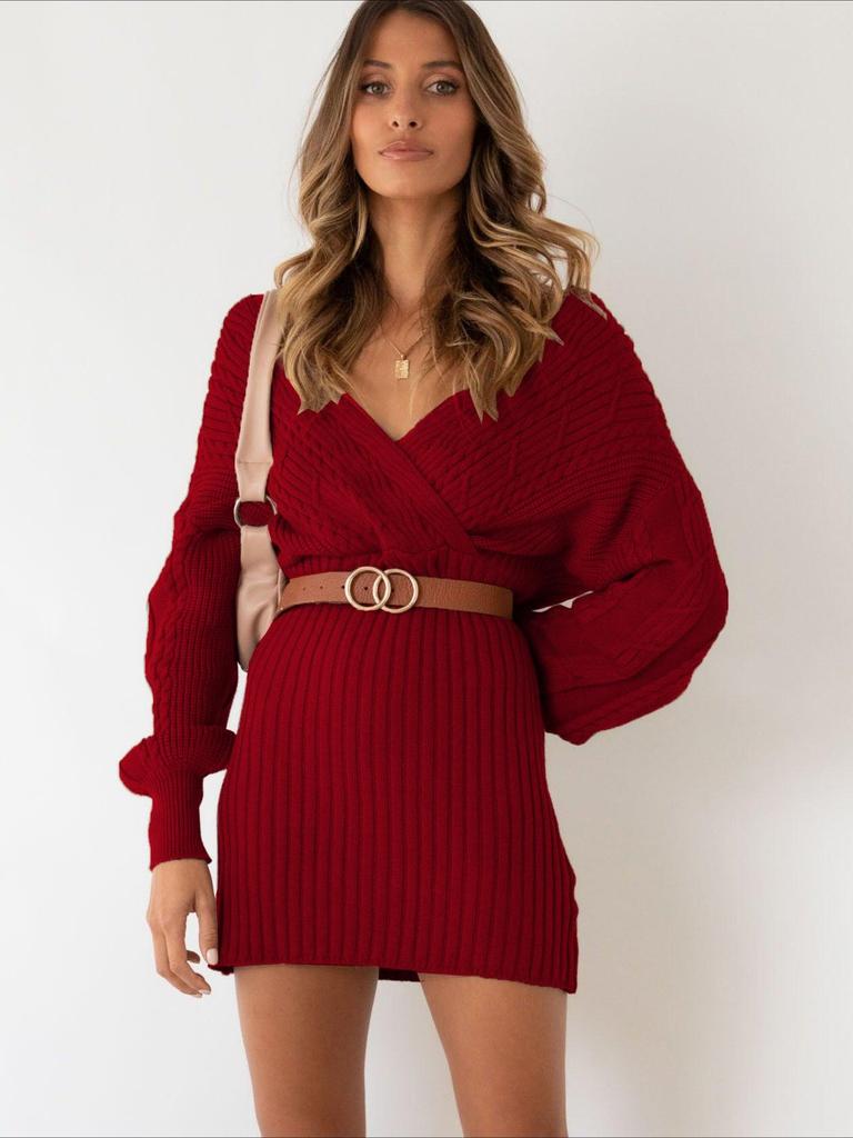 Női Őszi Téli Kötött Ruha Elegáns Midi Hétköznapi V-nyakú Hosszú ujjú Csípőruha Meleg Ruha
