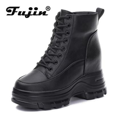 Fujin 9cm Genuine Leather Platform Wedge Mid Calf Ankle Motorcycle Booties Non Slip Hidden Heel Women Zipper Autumn Winter Shoes
