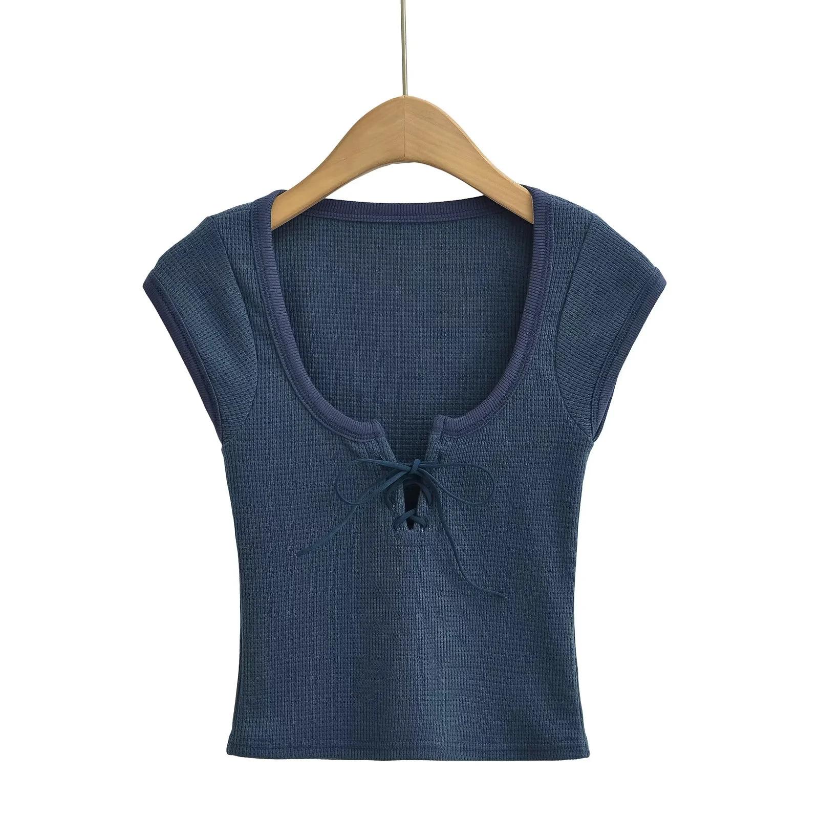 

Летняя женская одежда с короткими рукавами и вафельным узором, однотонная, новый стиль, облегающий топ с большим U-образным вырезом, трендовая футболка для девушек L