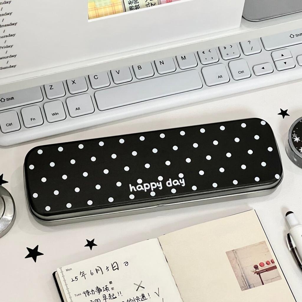 Portable Stationery Organizer Sturdy Slim Metal Pencil Box Flip Top Stationery Box Lightweight Polka Dot Metal Pencil Case чёрный