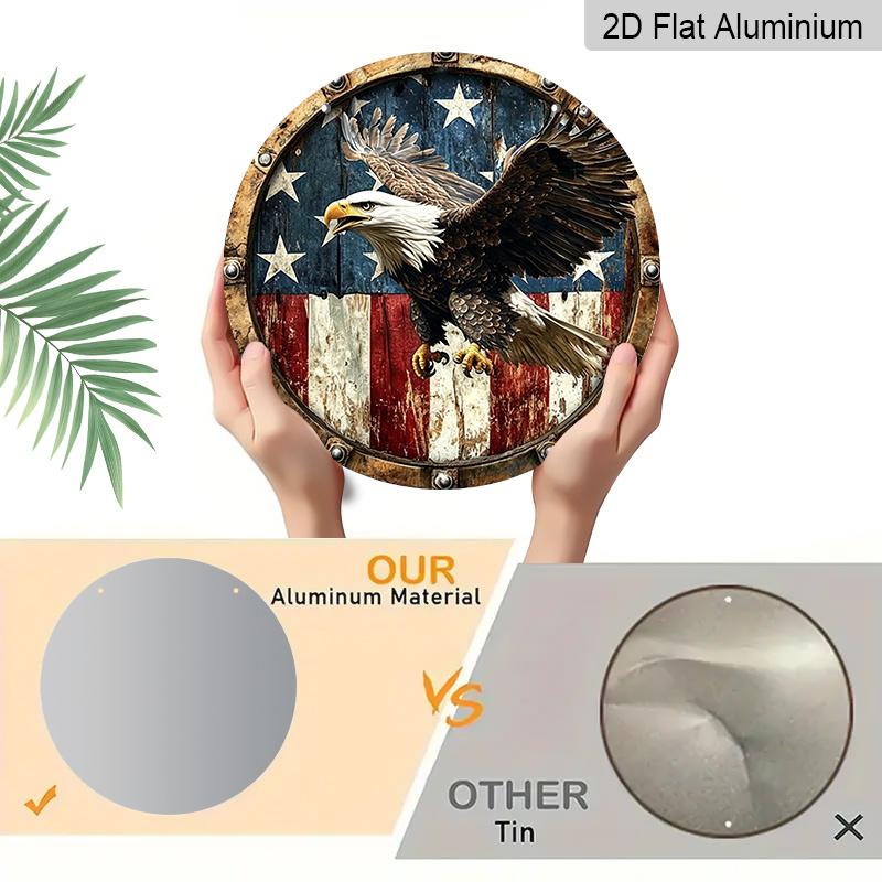 2D Flat, 1pc Vintage American Flag Eagle Metal Wall Art - Round Decor with Distressed Finish, Aluminum Frameless Design for Living Room, Patio, Home