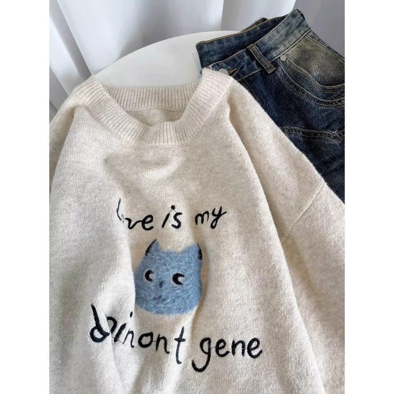 Round Neck Cat Embroidered Women's Sweater Long Sleeved Pullover Loose Sweaters Autumn Winter New Woman Soft Knitted Top