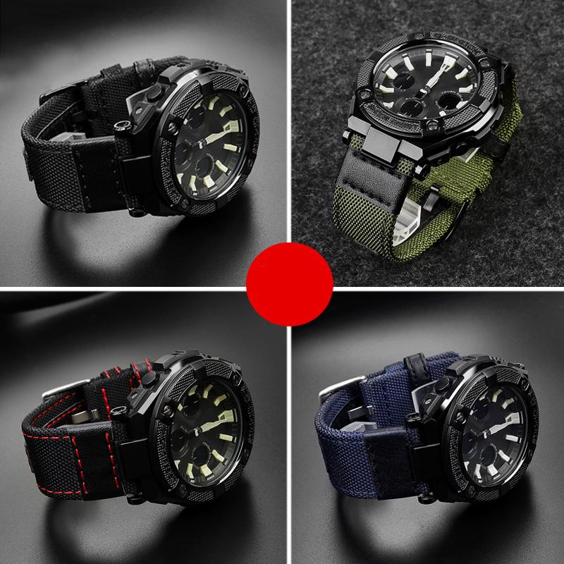 Nylon Canvas Leather Watchband For G-shock Casio GST-B100/S130/S100G/W300G/W330/400G/410 GST-W120L/S120/W130L/S110 Mens Strap