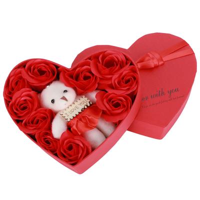 Artificial Rose Flower with Bears Gift Box Soap Flowers for Birthday Valentine"s DayRed