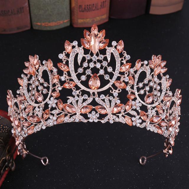 Fashion Rose Gold Peach Color Crystal Rhinestone Wedding Hair Accessories Queen Princess Diadems Women Tiara Crown Head Jewelry
