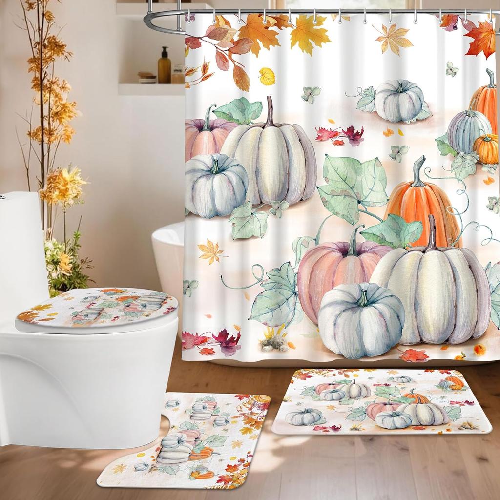 Halloween Shower Curtain Set, Halloween Bathroom Set 4, Bathroom Decor Sets With Shower Curtain And Rugs Accessories, Ghost