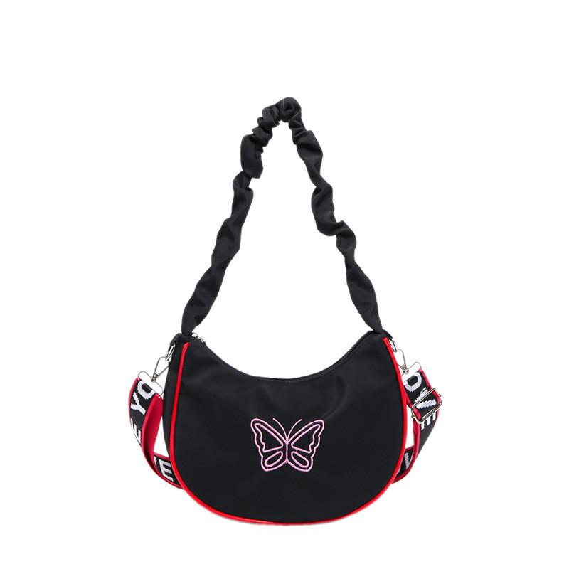 Модная уличная сумка-полумесяц для женщин с вышивкой и складками чёрный