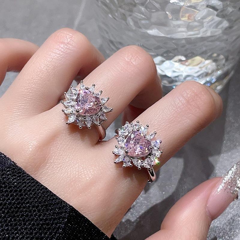 High-End Group Setting Zircon Love-Shaped Pink Diamond Series Open Ring French Light Luxury High-End Ring Woman
